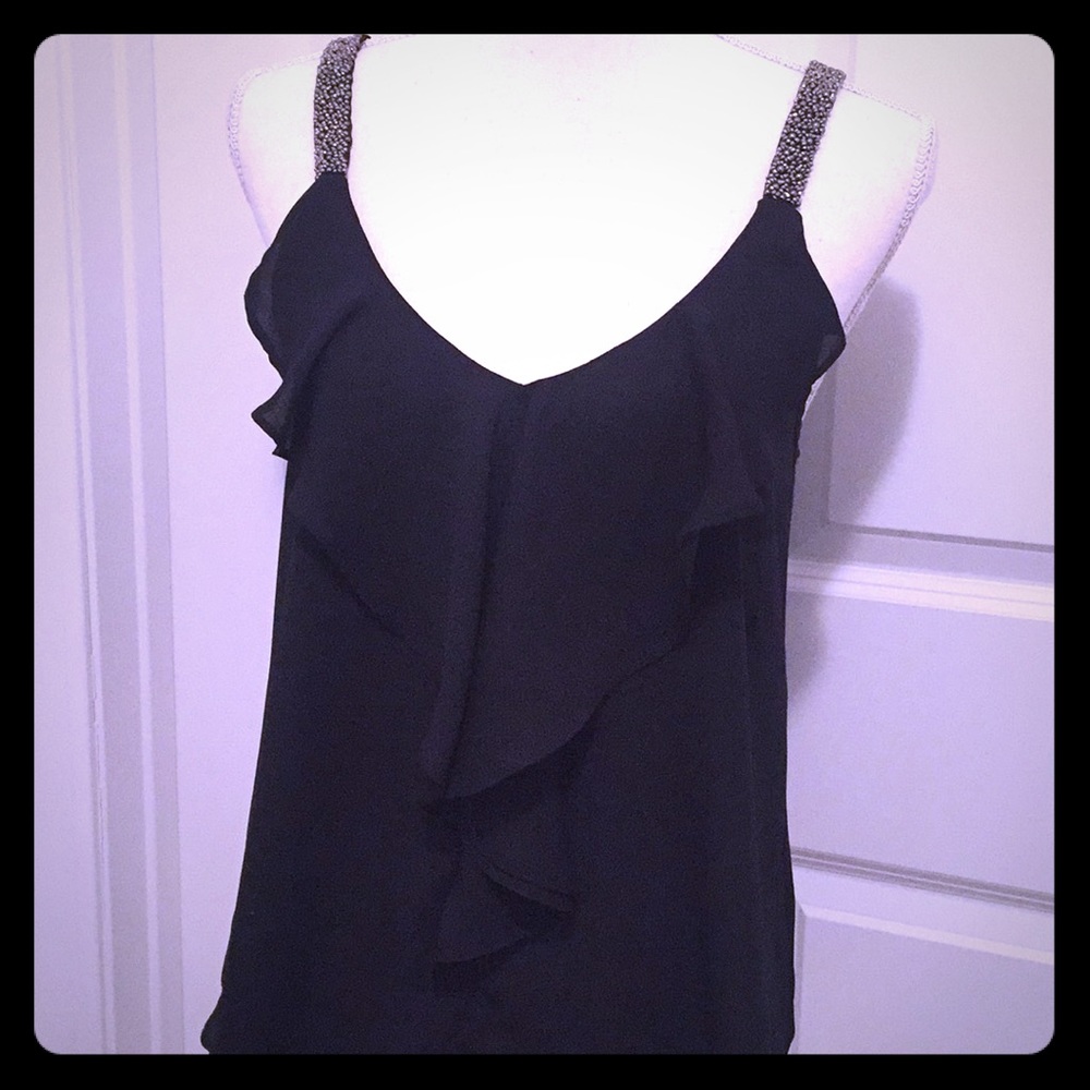 Black V Neck Tank Top Elegant Sequin Straps Ruffle Front Women’s Medium